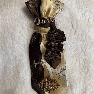 Juicy Couture Brown and Gold Silk Tie Necklace with Rhinestone Logo